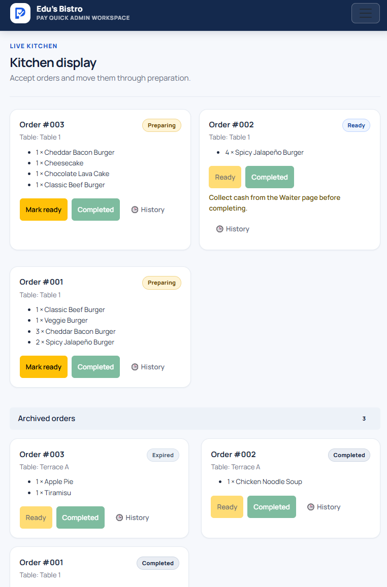 Edu’s Bistro kitchen display with active and archived orders