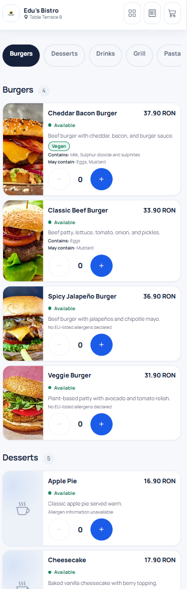 Edu’s Bistro mobile menu with categories, product photography, and item details