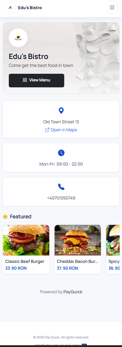 Edu’s Bistro venue page with branding, address, opening hours, and featured items